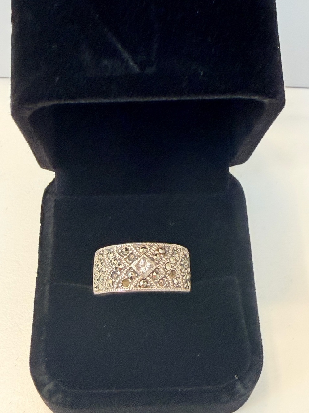 Antiqued Silver Tone Ornate Clear Stone Statement Ring, Size 7